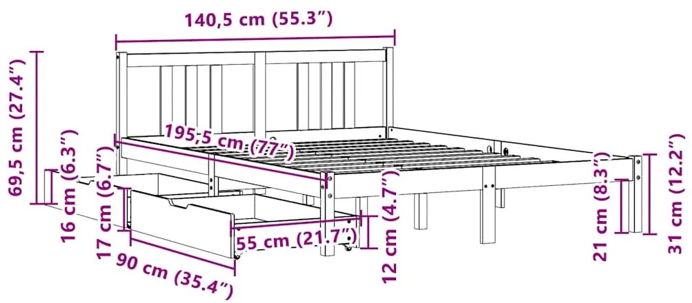 Cama sem colchão 135x190 cm madeira de pinho maciça