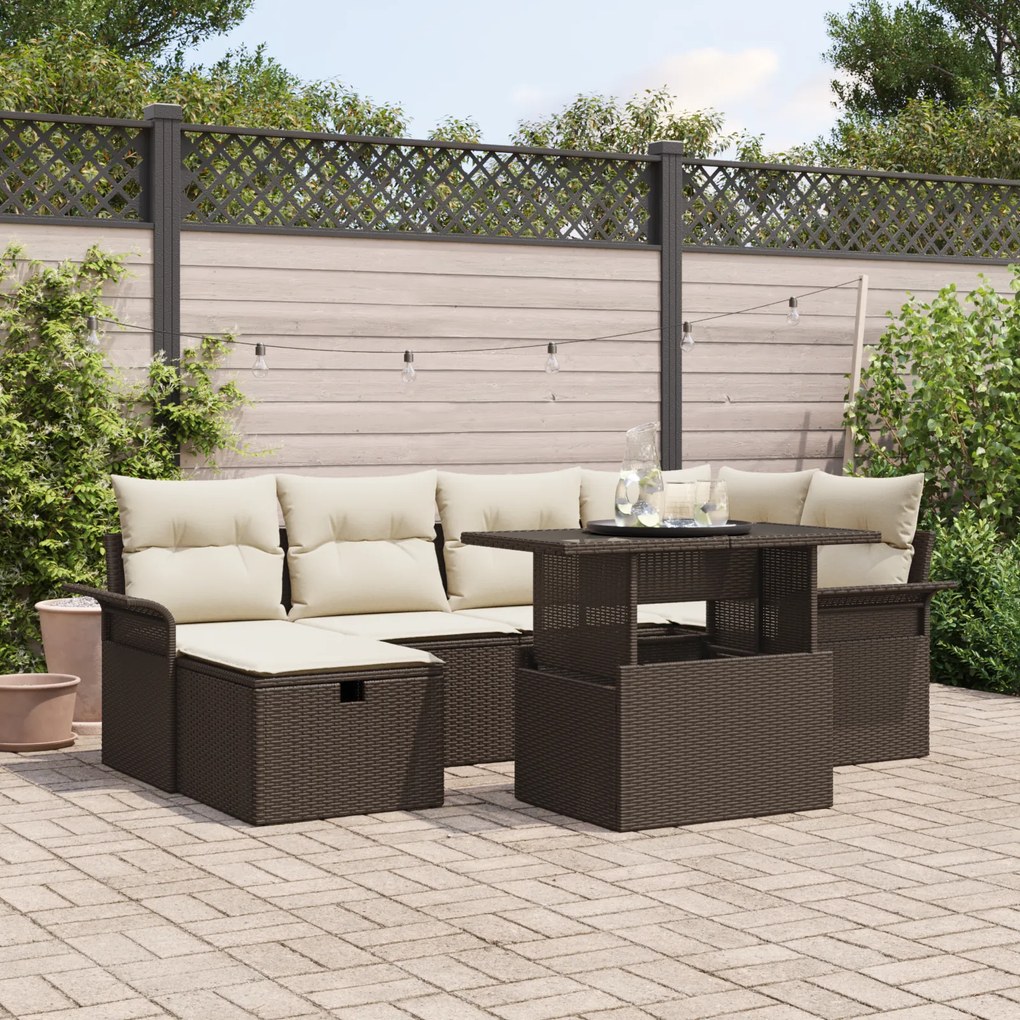 Conjunto de Sofá de Jardim com 7 Peças e Almofadas de Vime Polyrattan