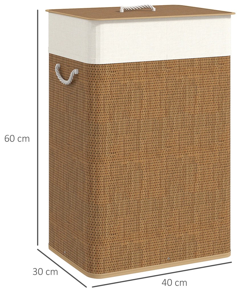 Cesto de Roupa com Tampa 72L Cesto de Roupa de Bambu com Bolsa Interior Removível e Alças 40x30x60 cm Madeira e Creme