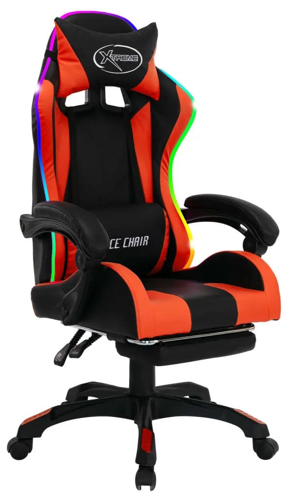 Cadeira estilo corrida luzes LED RGB couro artif. laranja/preto