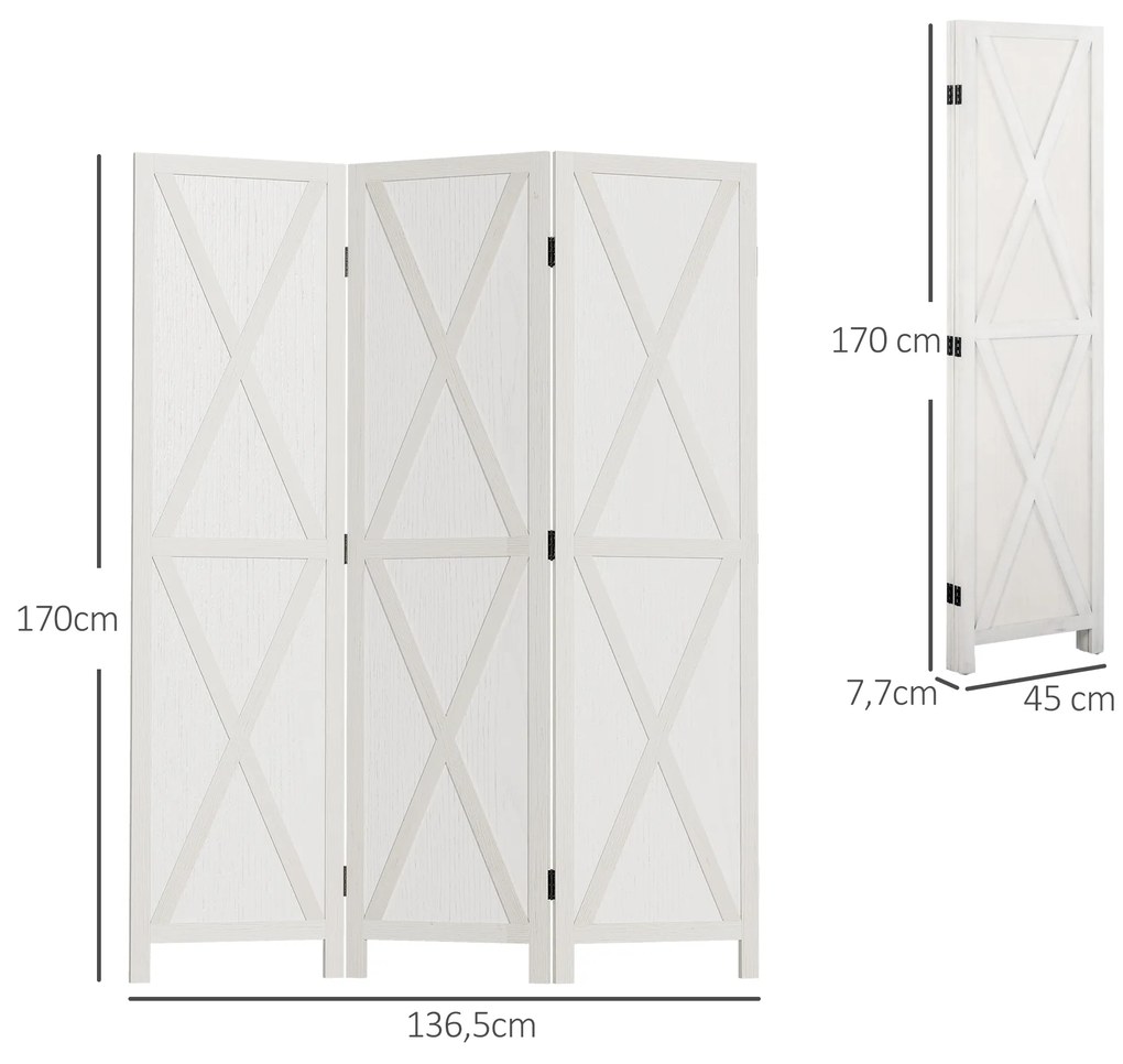 Biombo de 3 Paineis Separador de Ambientes Dobrável 136,5x170cm Divisória para Espaços de Madeira Decoração Elegante Branco