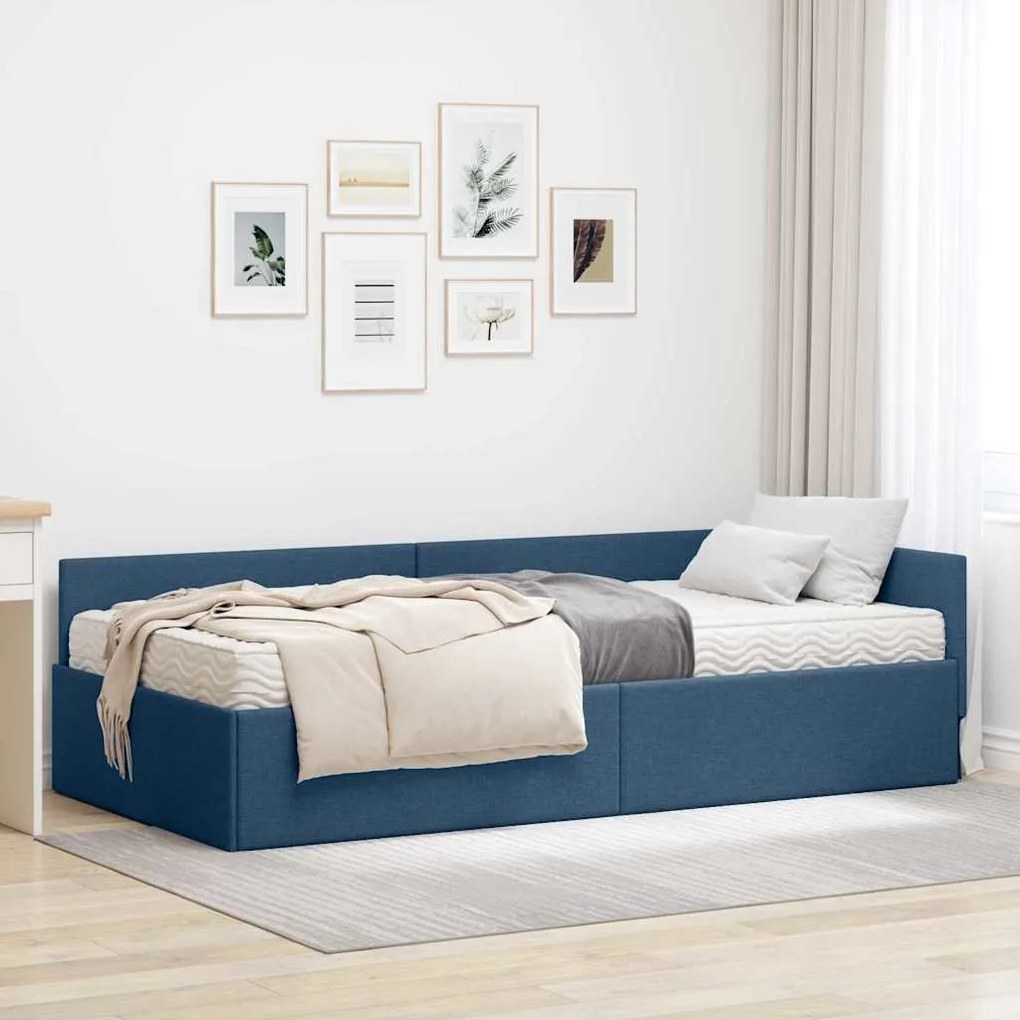 vidaXL Estrutura de Cama de Canto com Colchão Outros 2 pcs Azul tecido