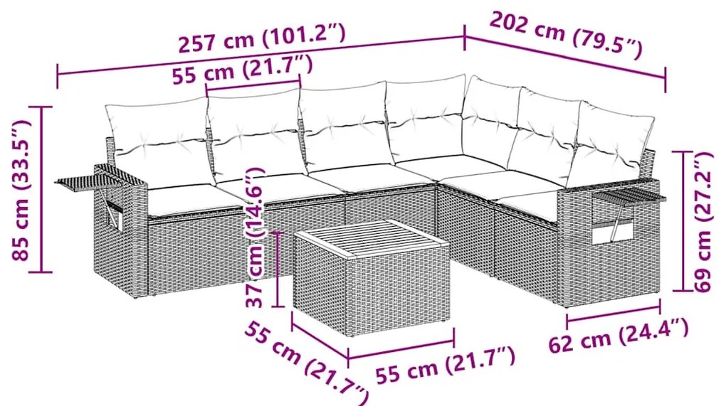 7 pcs conjunto de sofás p/ jardim c/ almofadões vime PE preto