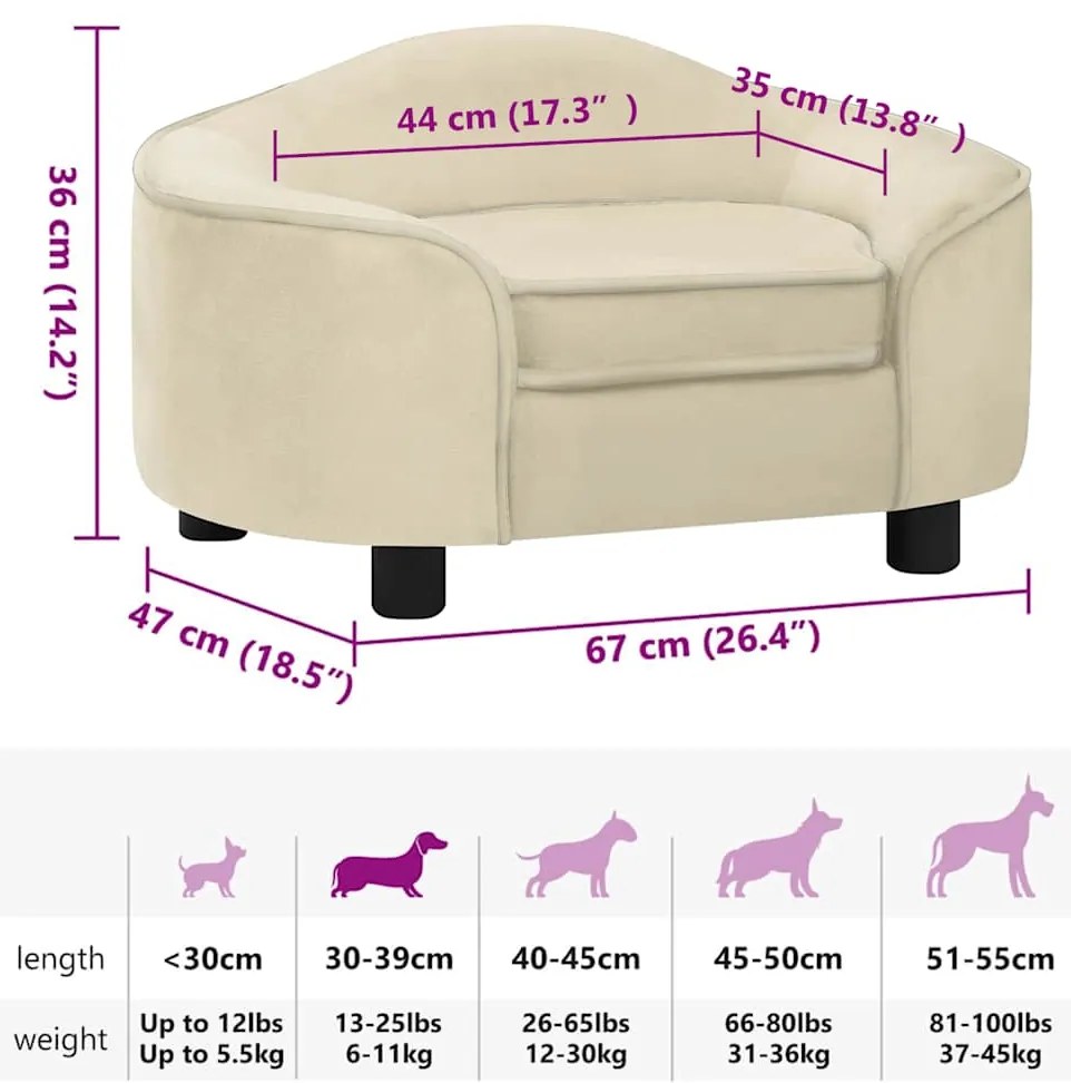 Sofá para cães 67x47x36 cm pelúcia cor creme