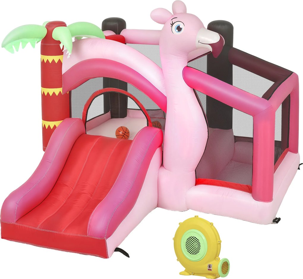 Castelo Insuflável para Crianças com Insuflador Escorrega Cama Elástica Piscina de Bolas Cesto de Basquetebol 255x230x196 cm