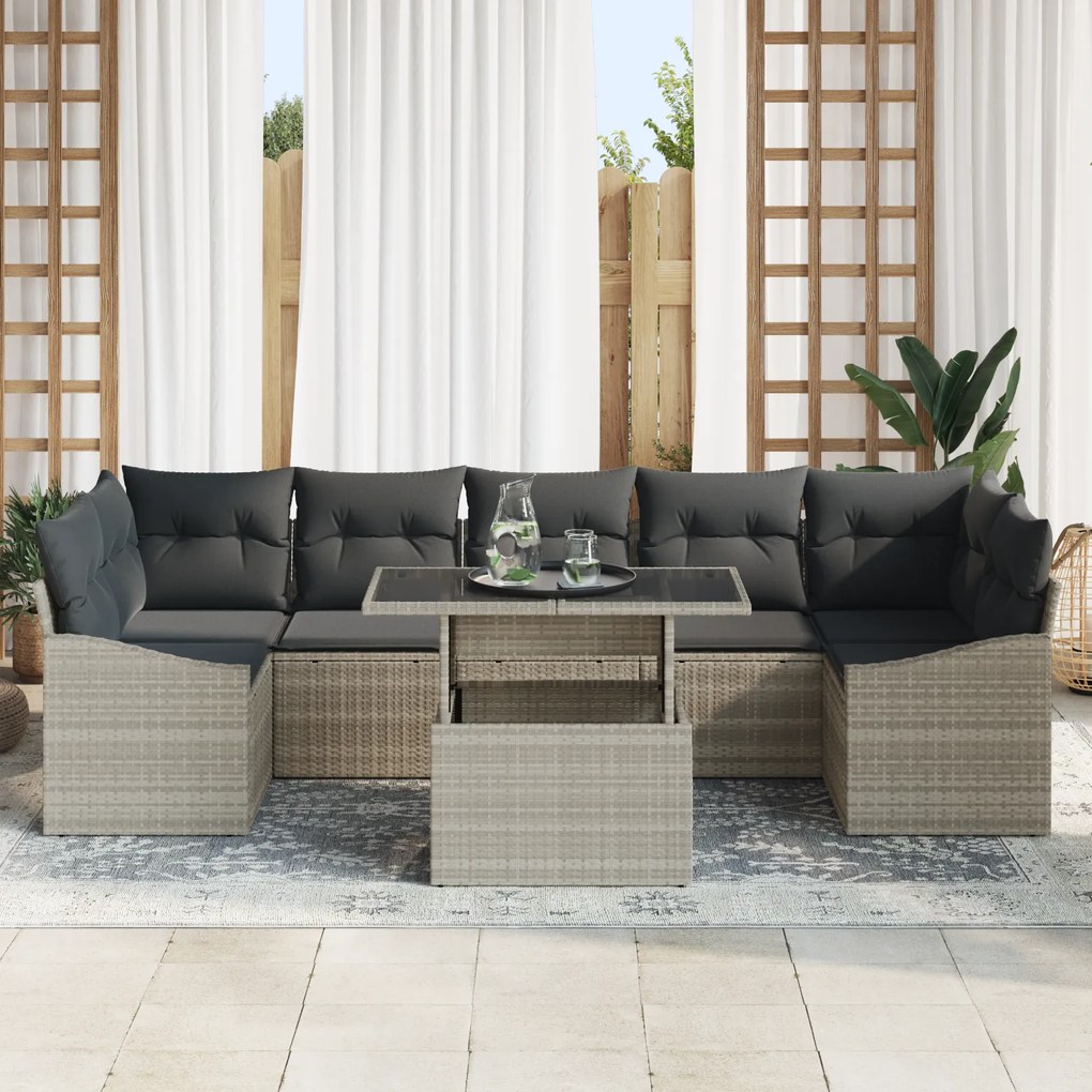 Conjunto de Sofá de Jardim com 8 Peças e Almofadas Cinza Claro em Ratt