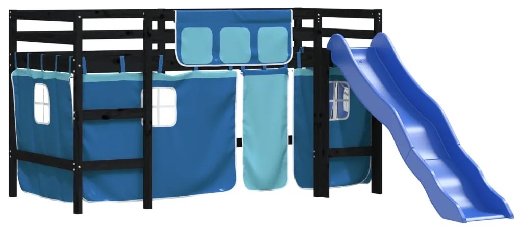 Cama alta p/ criança c/ cortinas 90x190 cm pinho maciço azul