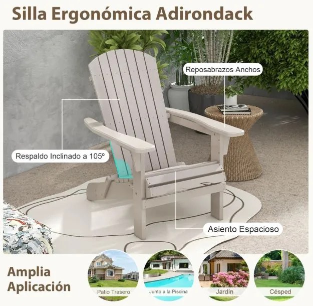 Cadeira Jardim Adirondack dobrável de madeira com encosto e apoios de braços, carga máxima de 180 kg para exterior cinzenta