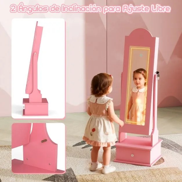 Armário para joias infantil 34 x 30 x 113 cm com espelho de corpo inteiro e 2 ângulos ajustáveis, 4 luzes internas, para meninas rosa