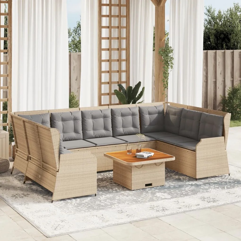 7 pcs conjunto lounge para jardim com almofadões vime PE bege