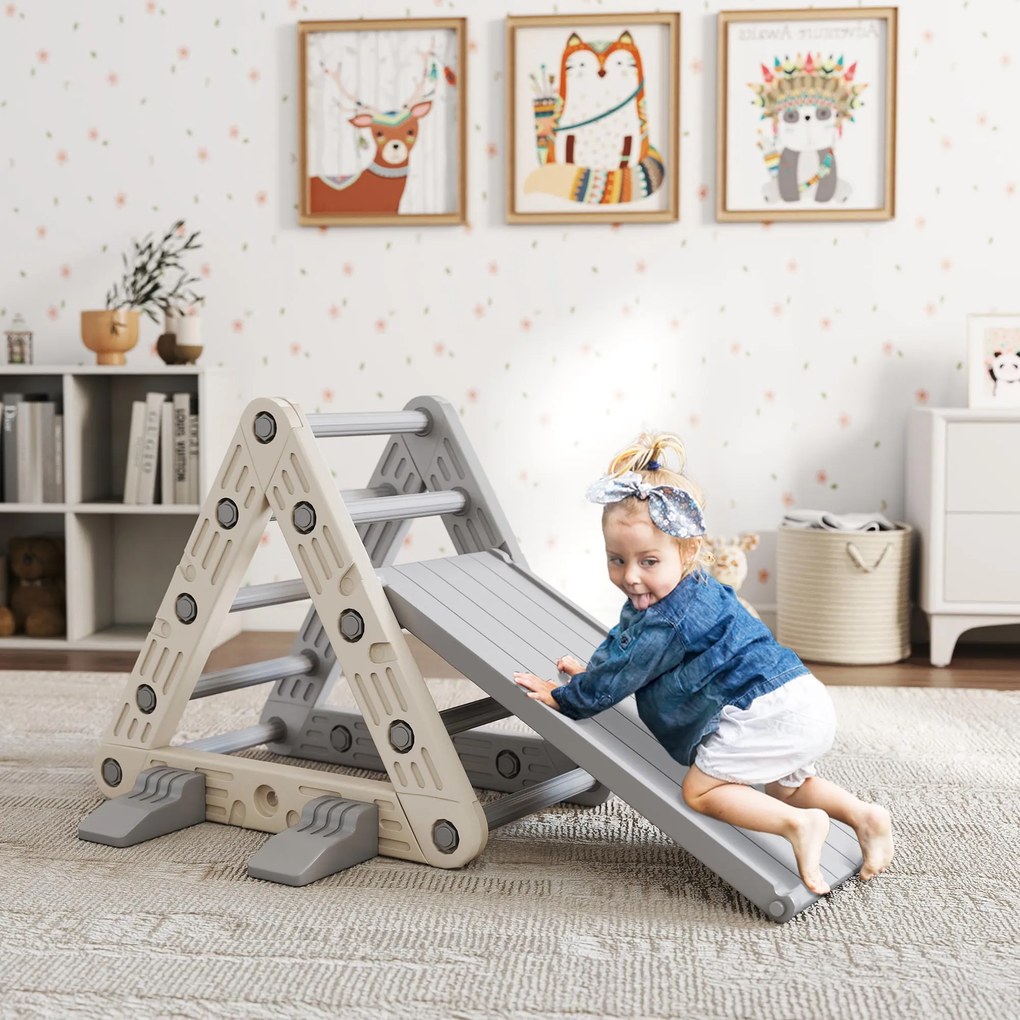 Triângulo de Escalada para Crianças de 18-48 Meses com Escorrega e Rampa 130x80x69 cm Cinza e Branco