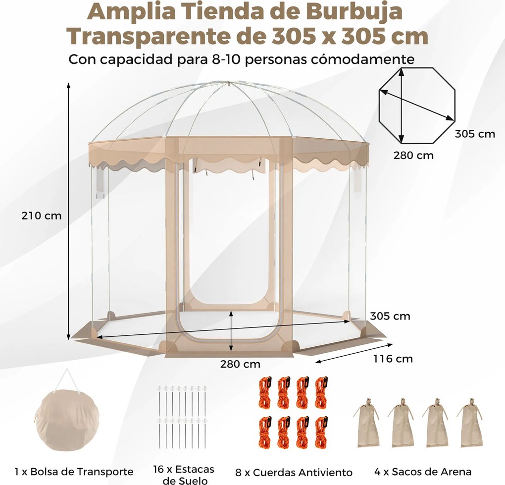 Tenda jardim tipo bolha para 8-10 pessoas 305 x 305 x 210 cm, em PVC transparente panorâmico de 540°, com proteção contra o frio Transparente