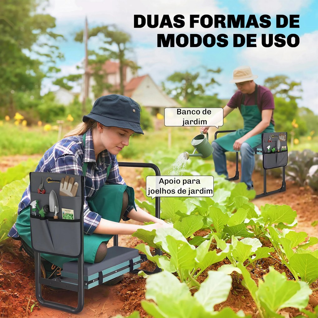 Banco de Jardim Dobrável com Almofada de Espuma EVA Assento de Jardim com Bolsa para Ferramentas Cinzento Escuro