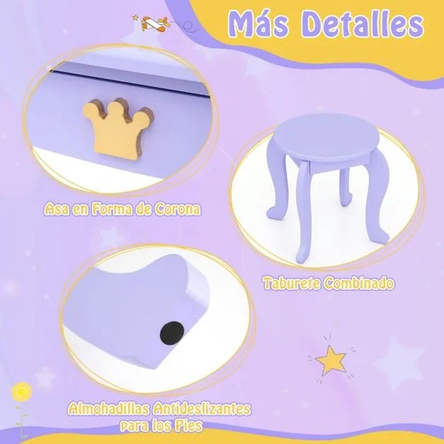 Conjunto de Toucador infantil com espelho iluminado dobrável, brilho ajustável, e cadeira de princesa, gaveta removível Púrpura