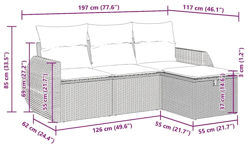 4 pcs conjunto sofás de jardim c/ almofadões vime PE castanho