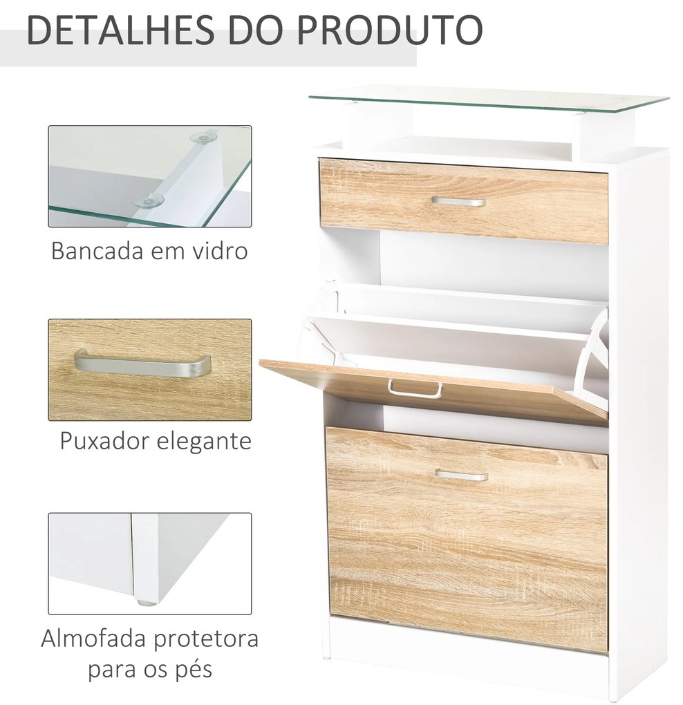 Sapateira de 2 Portas Sapateira Estreito para 12 Pares de Sapatos com Gaveta e Bancada de Vidro  60x24x105,5cm Branco