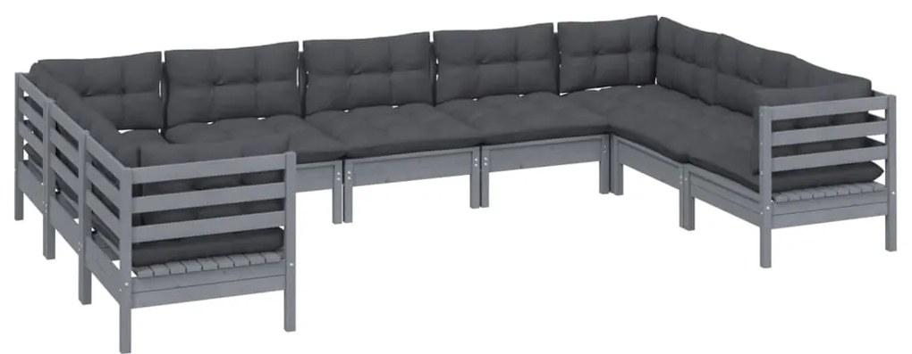9 pcs conjunto lounge de jardim c/ almofadões pinho cinza