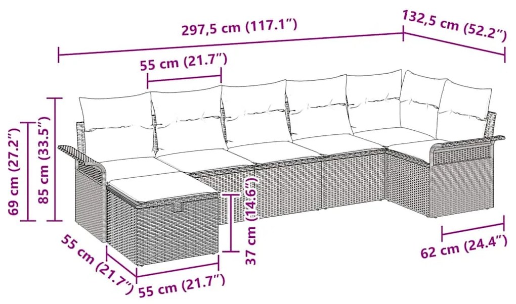 Conjunto de Sofá de Jardim 7 Peças com Almofadas Preto Rattan PE