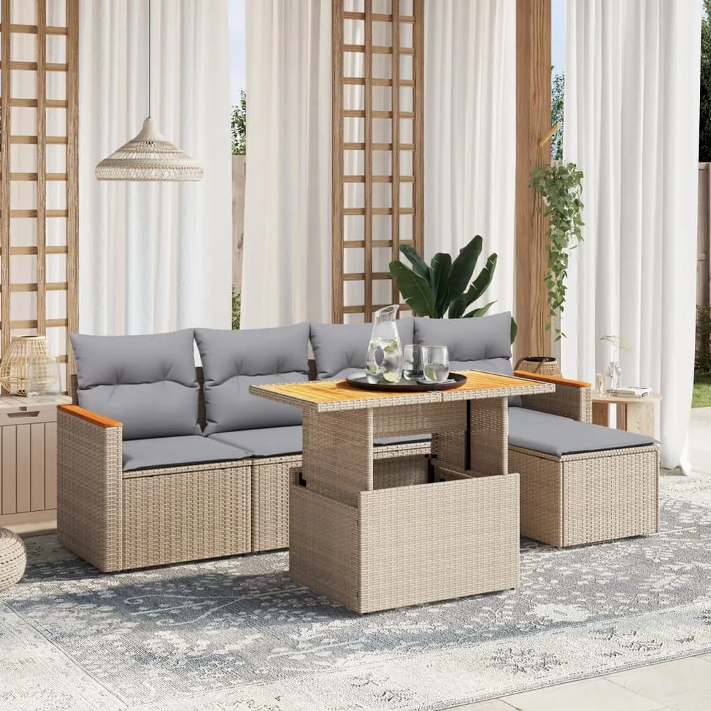 6 pcs conjunto de sofás p/ jardim com almofadões vime PE bege