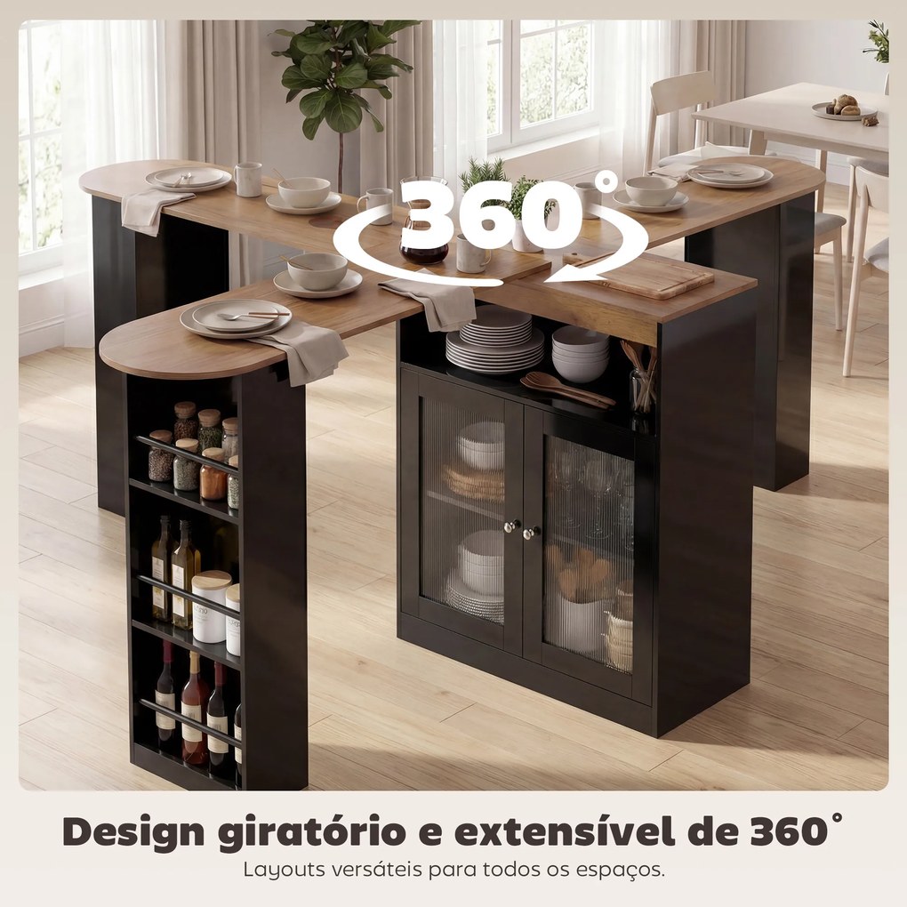 Mesa de Bar Extensível e Giratória 360° com Prateleiras Abertas e 2 Portas de Vidro 150x80x105,5 cm Preto e Madeira