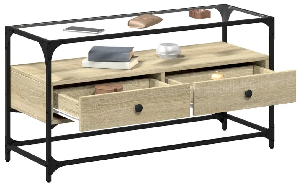 Móvel de TV c/ tampo de vidro derivados madeira carvalho sonoma
