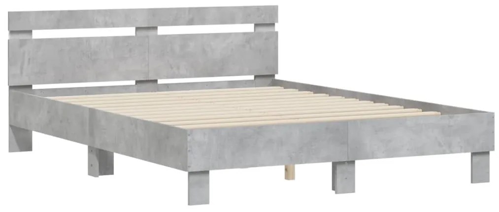 Estrutura cama cabeceira e luzes LED 140x200cm cinzento cimento