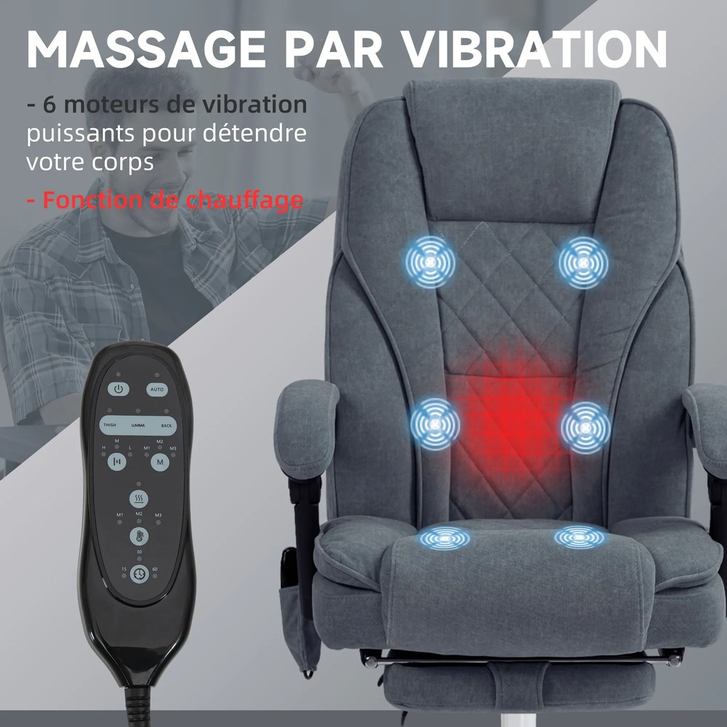 Cadeira de escritório com massagem e aquecimento, altura ajustável, encosto reclinável, comando à distância e apoio para os pés retrátil, cinzenta