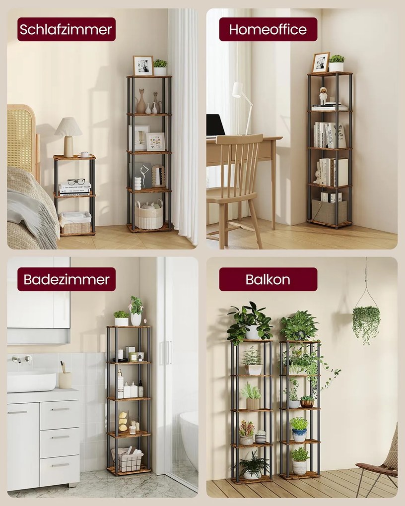 Estante com 5 prateleiras e montagem sem ferramentas 23,8 x 38 x 139 cm Castanho vintage + Preto