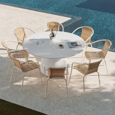 Conjunto De Mesa Redonda Ø150 Cm Em Cimento Numira E 8 Cadeiras De Jardim Empilháveis Em Aço E Rattan Sintético Kalymana Branco Brilhante - Sklum