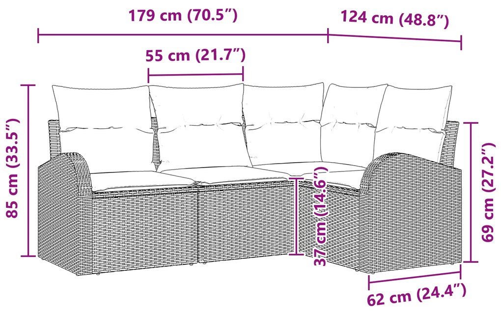 Conjunto de Sofá de 4 Peças com Almofadas Cinza Claro Vime Sintético