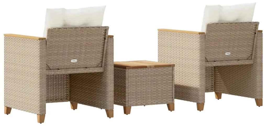 Conjunto de bistrô com almofadões 3 pcs vime PE e acácia bege