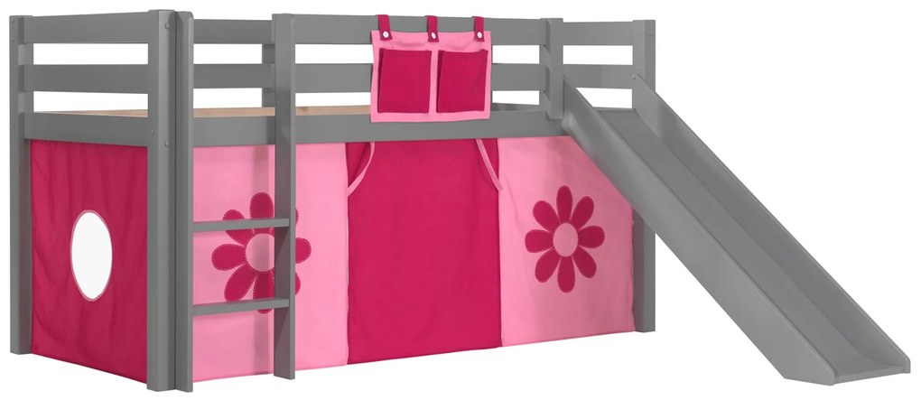 Conjunto Cama alta de Criança PINO 90 x 200 cm + estrado + escada + escorrega + cortina Flores Cinzenta