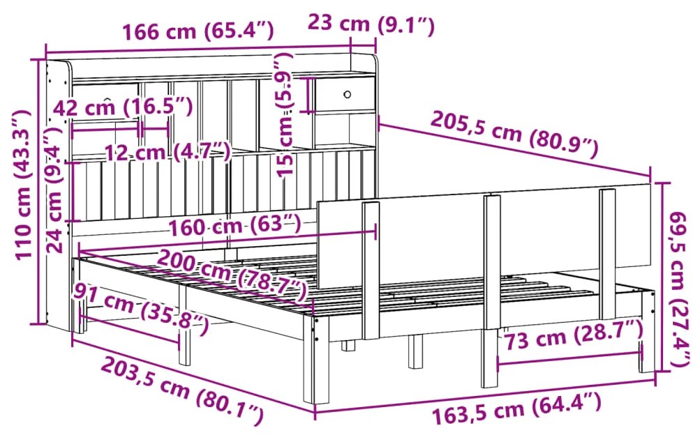 Cama com estante sem colchão 160x200 cm pinho maciço branco