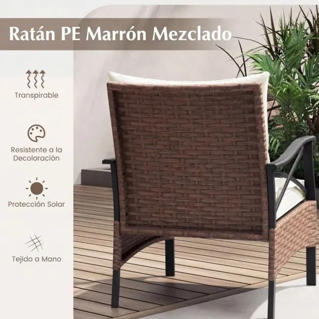 Conjunto de móveis jardim de vime de 5 peças com pufes, almofadas e mesa auxiliar de vidro temperado de 2 níveis para jardim, varanda, Castanho e Bege