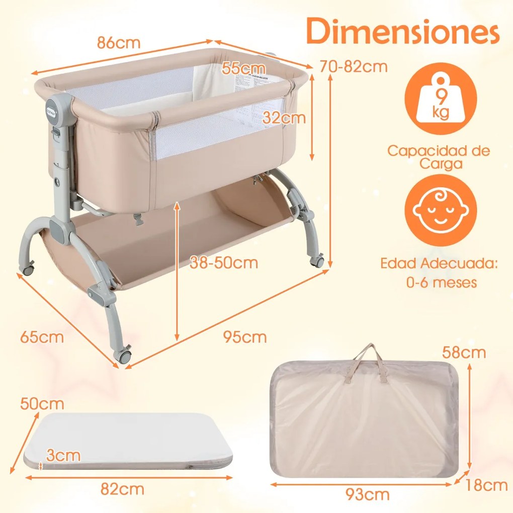 Berço 2 em 1 para bebés com altura ajustável, 4 rodas, rede mosquiteira e cesto de arrumação para bebés dos 0 aos 6 meses, 95 x 65 x 70-82 cm, bege