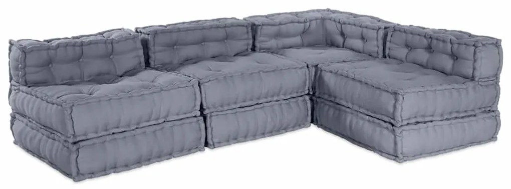 Sofá Puff Modular para 4 Pessoas em Tecido Cinza