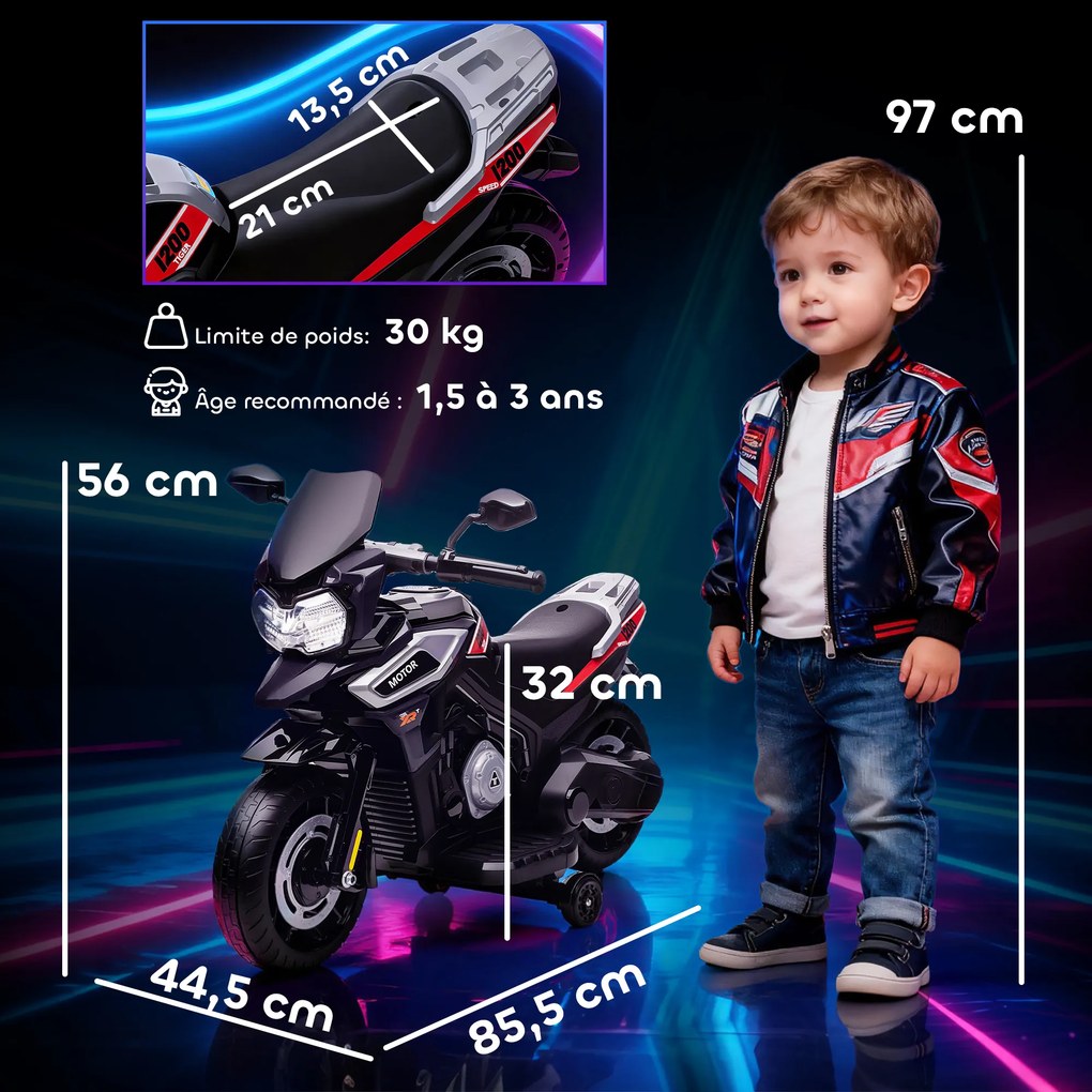 Moto elétrica para crianças de 6 V, para crianças 18 a 36 meses com rodas motrizes, música, efeitos luminosos, preto