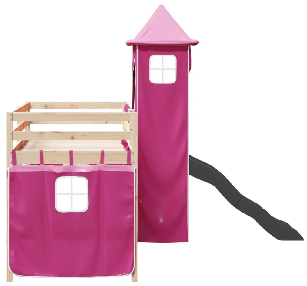 Cama alta para criança com torre 80x200 cm pinho maciço rosa