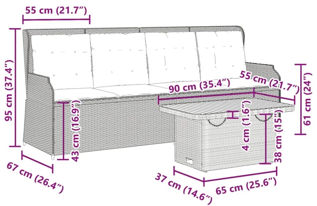 3 pcs conjunto lounge de jardim c/ almofadões vime PE cinzento