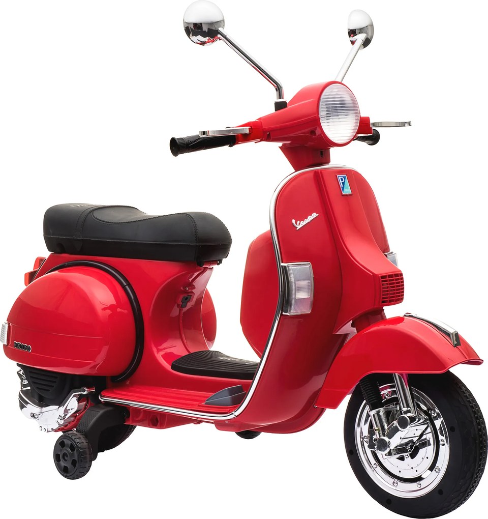 AIYAPLAY Mota Elétrica Infantil 12V Vespa PX150 com Rodinhas de Apoio, 2 Motores, Suspensão Traseira, Música e Luzes, 3 km/h, 3-6 Anos, Vermelha | Aosom Portugal