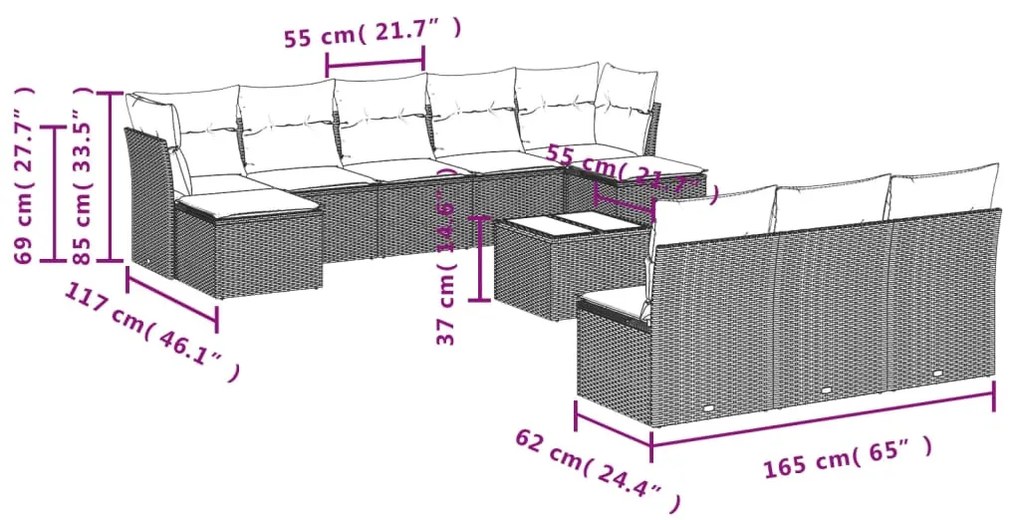 11 pcs conjunto sofás de jardim c/ almofadões vime PE castanho