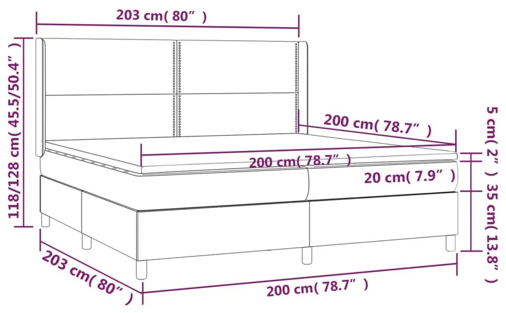 Cama box spring c/ colchão e LED 200x200 cm tecido cinza-escuro