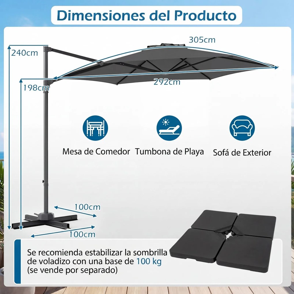 Guarda-sol Suspenso (BASE NÃO INCLUIDA), 292 x 292 x 240 cm, Rotação de 360°, Cinzento