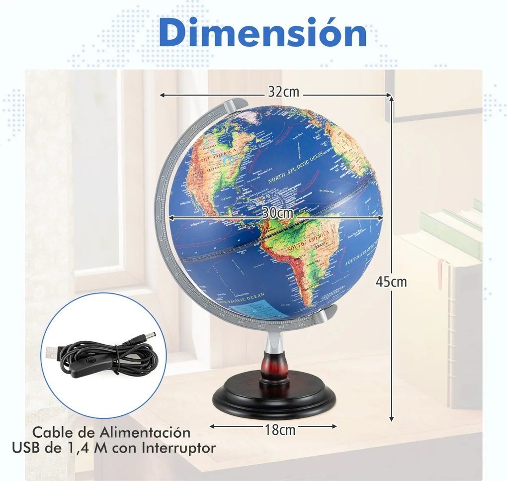 Globo Terrestre 32 x 32 x 45 cm Iluminado Lámpada de Noite com Suporte de Madeira e Mapa Transparente para Crianças e Adultos Azul