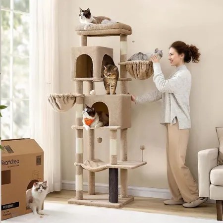 Arranhador para gatos com 175 cm de altura, 2 cavernas e 2 cavidades para descansar castanho camelo