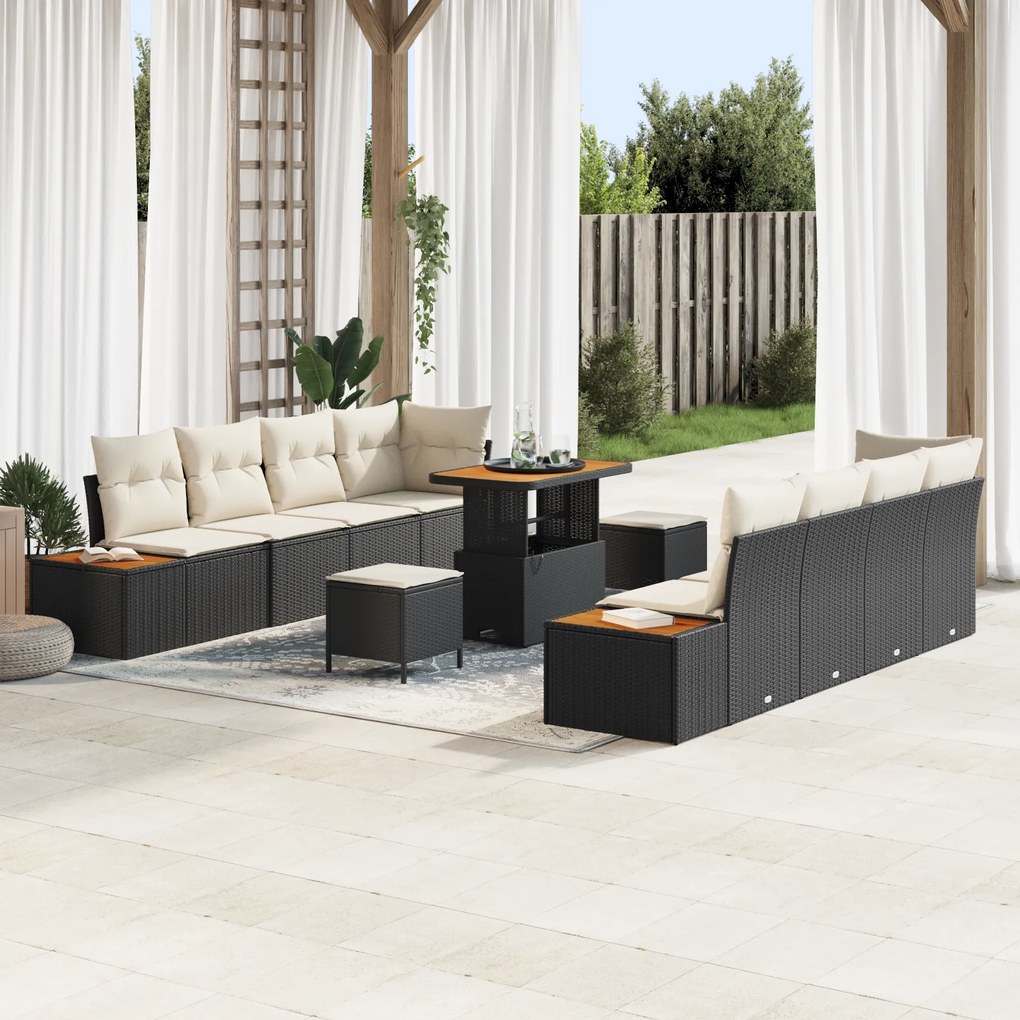 Conjunto de Sofá de Jardim de 11 peças com Almofadas Vime PE Preto Acácia