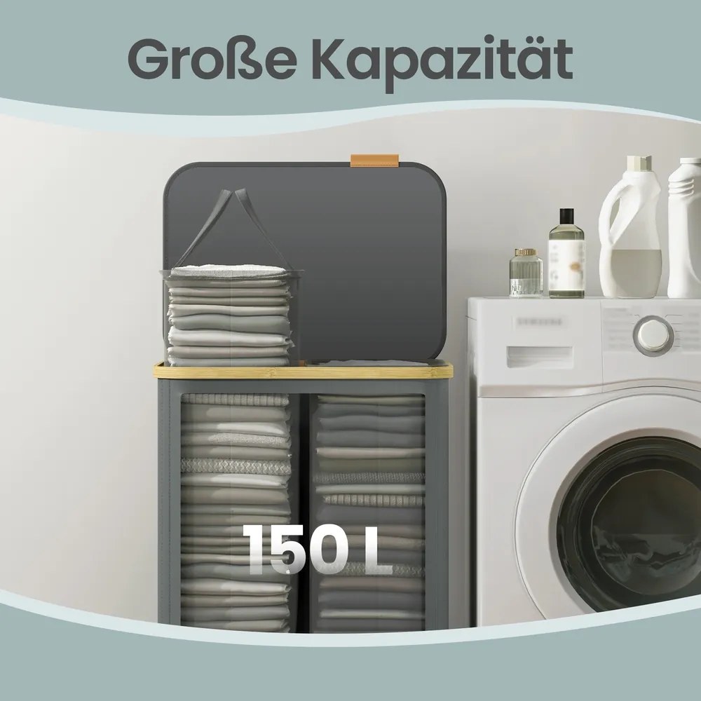 Cesto da roupa suja com tampa 150L, 52 x 38,5 x 75 cm cinzento