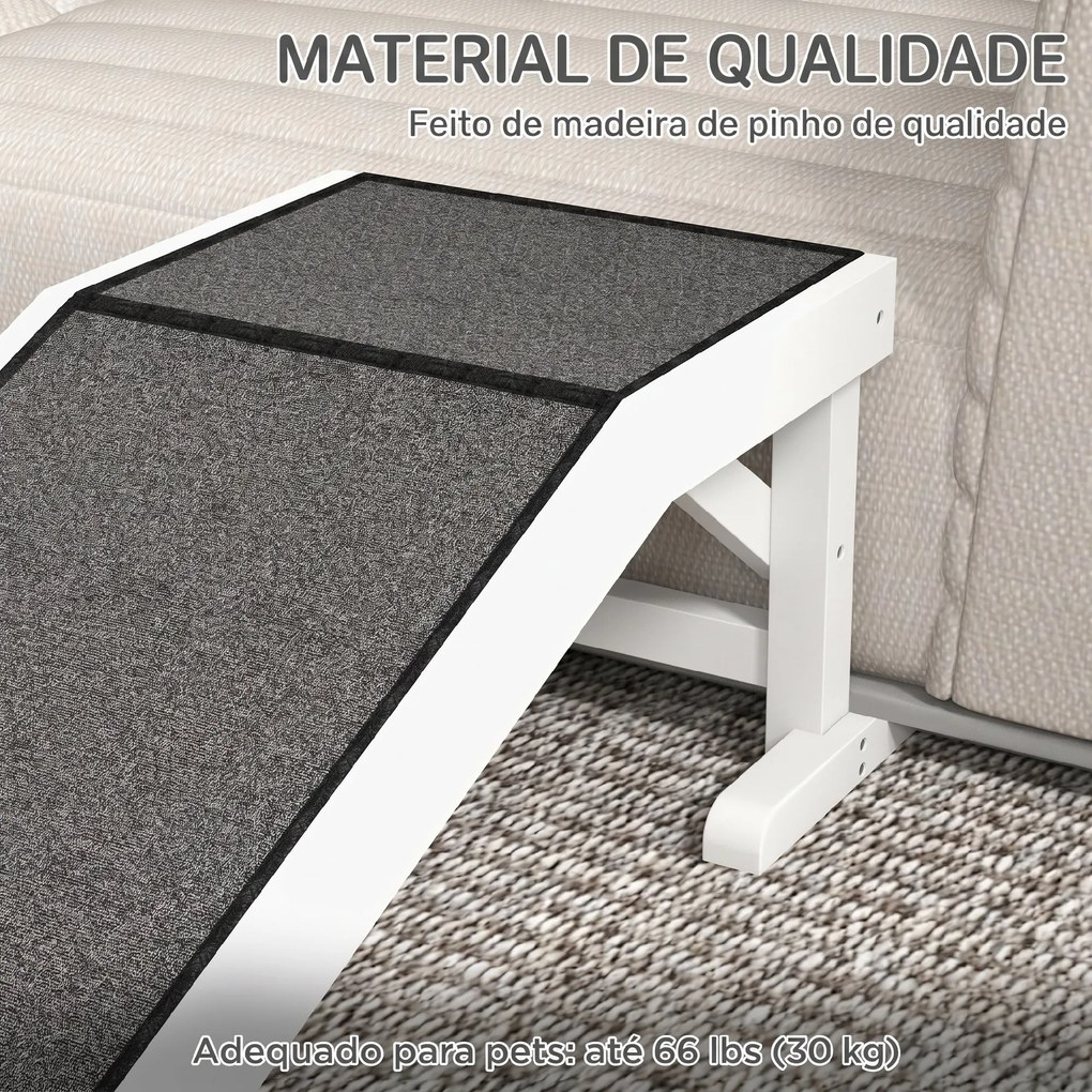 Rampa de Madeira para Animais com Tapete Antiderrapante para Cães Pequenos ou Séniores 125x40x35,5 cm Branco e Cinza