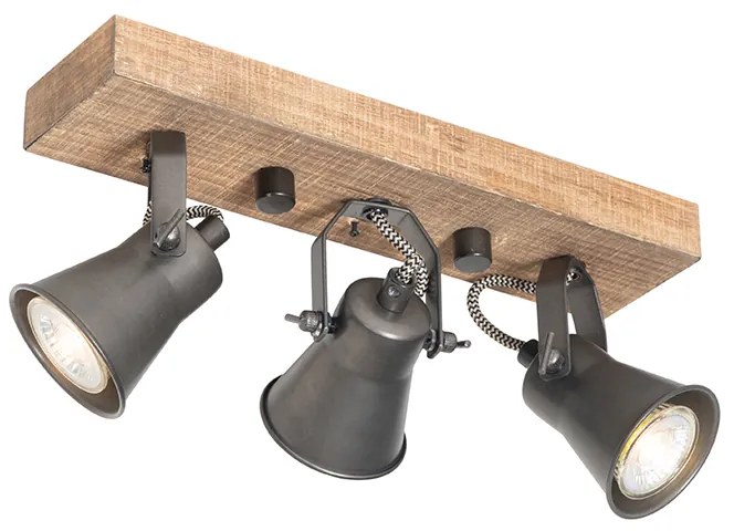 Candeeiro de teto rústico preto com madeira 3 luzes ajustáveis - Jelle