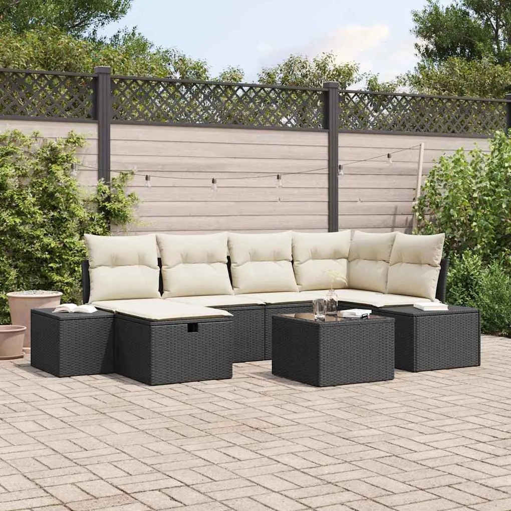 Conjunto de Sofás de Jardim com Almofadas de 7 Peças Preto de Rattan S